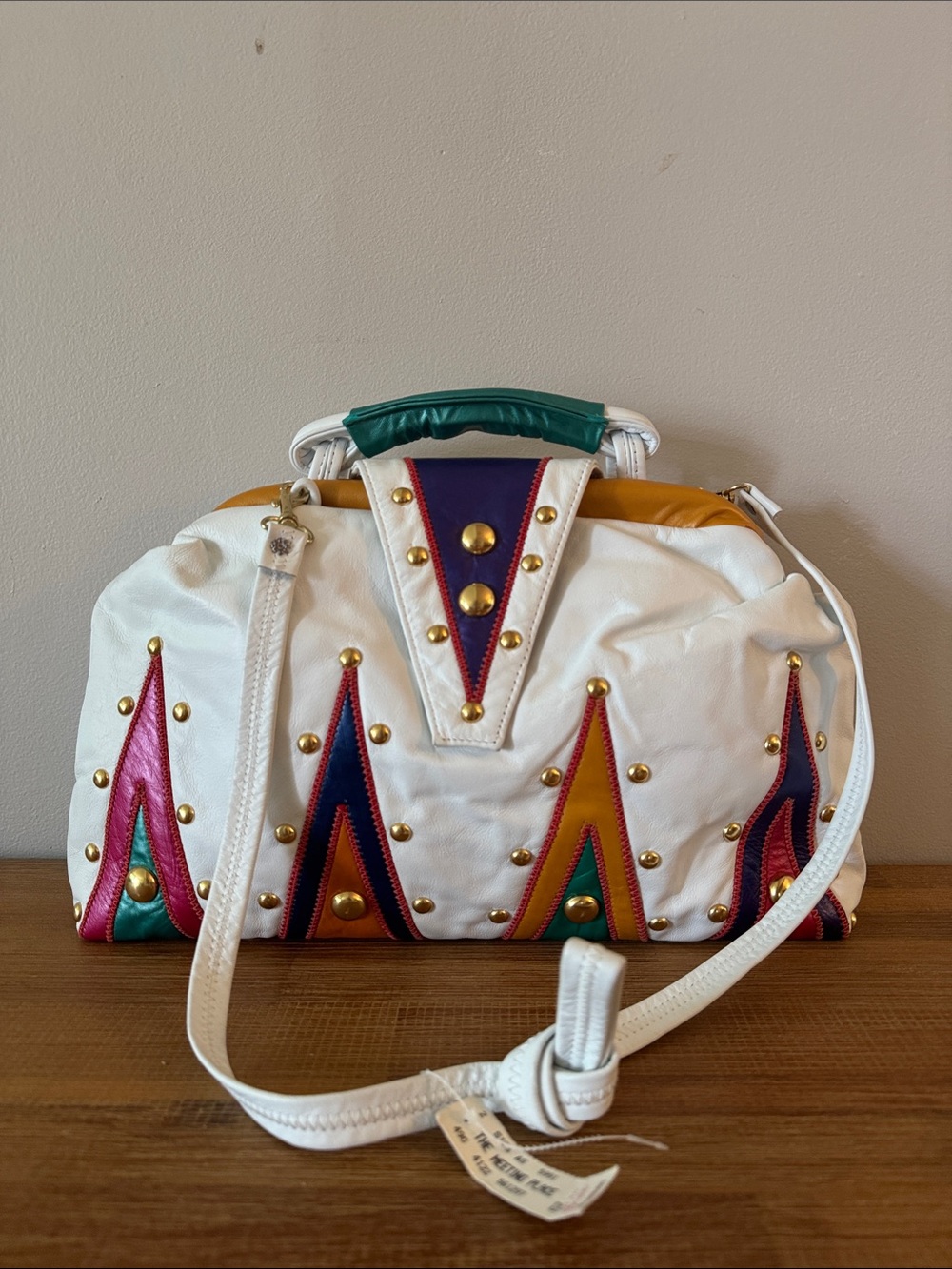 NWT Vintage Samir Handbags White Leather Studded Colorblock Satchel USA - Picture 3 of 12